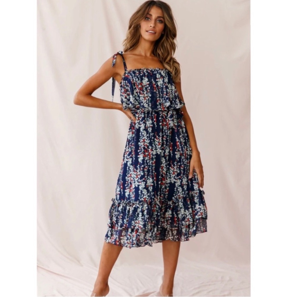 Tie Shoulder Ruffle Top Navy Floral Midi Dress NWT